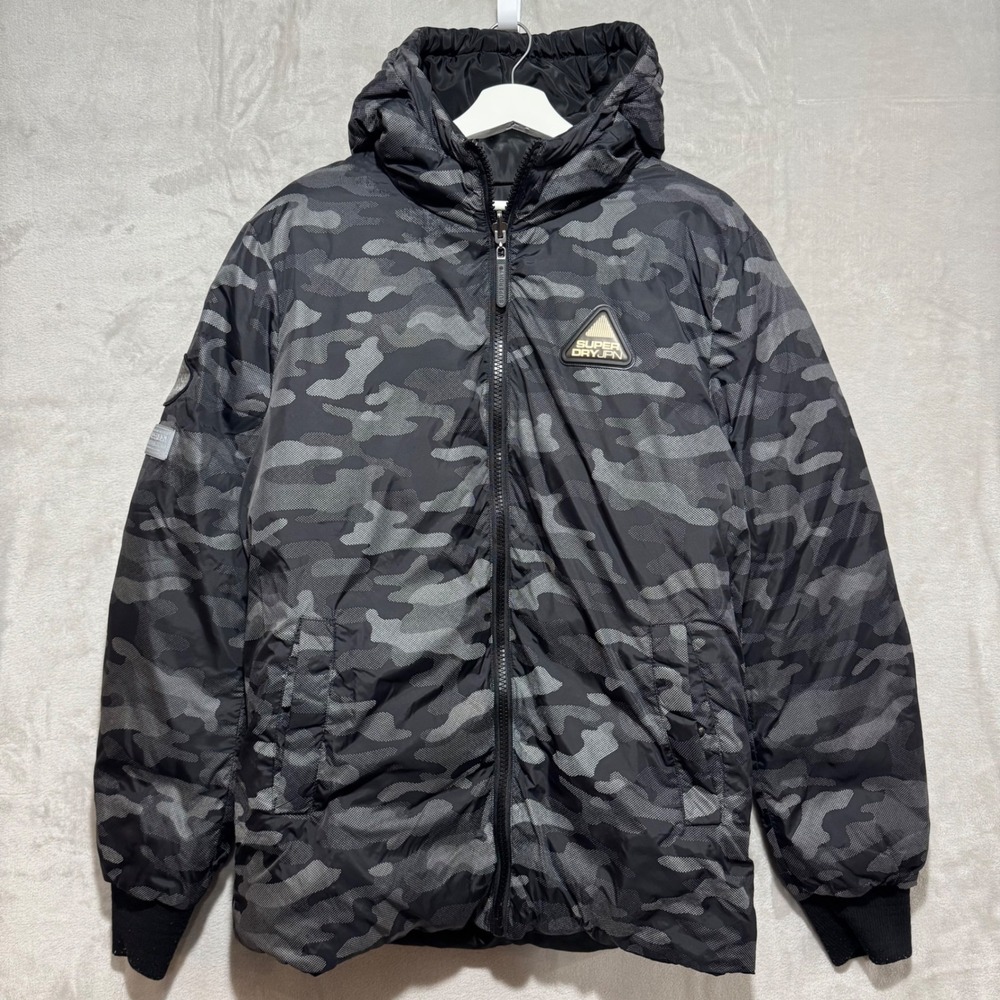 Superdry Mens Reversible Puffer Jacket Camo Black Hooded Full Zip Coat